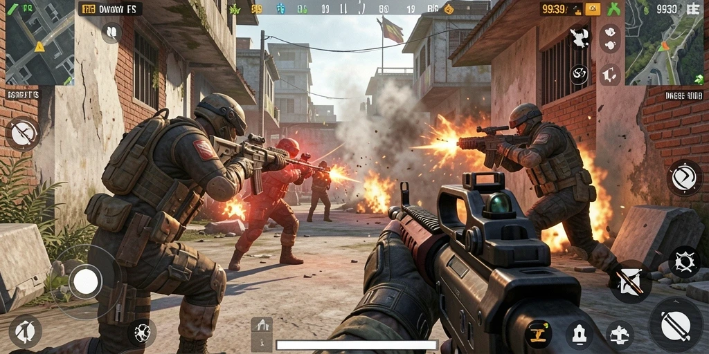 Tampilan gameplay intens dari 9939 dalam mode FPS.