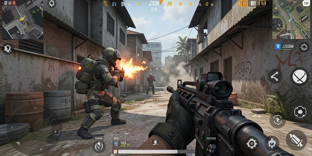 Screenshot gameplay J200M menampilkan aksi tembak-menembak yang mendebarkan.