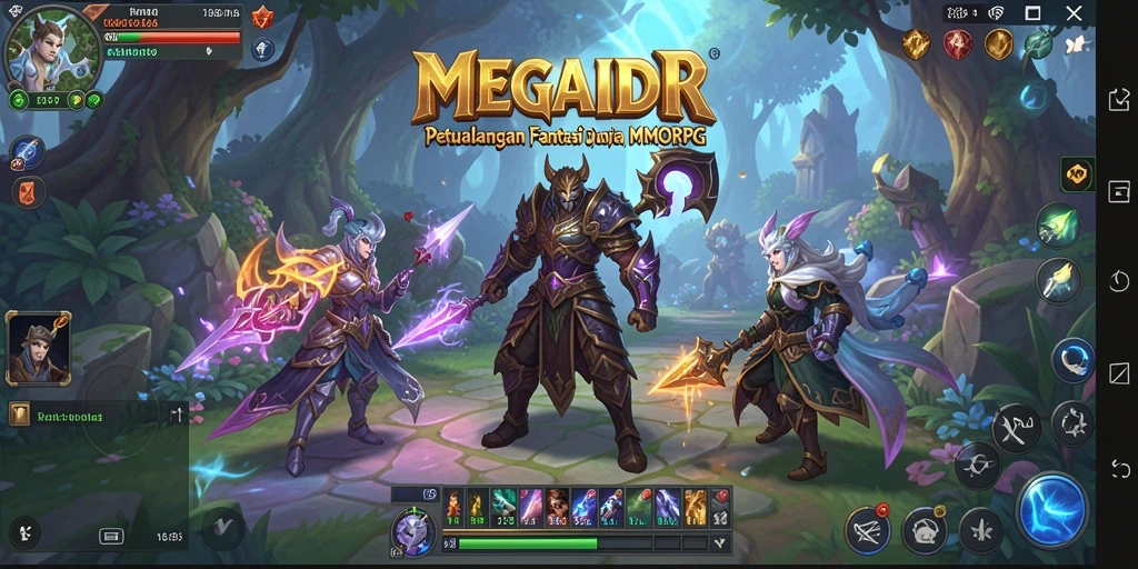 Screenshot MEGAIDR menunjukkan pertarungan epik antara karakter dan monster.