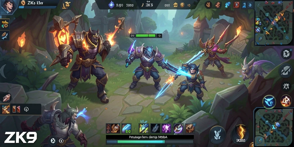 Gameplay ZK9 menampilkan pertarungan seru antar hero MOBA.